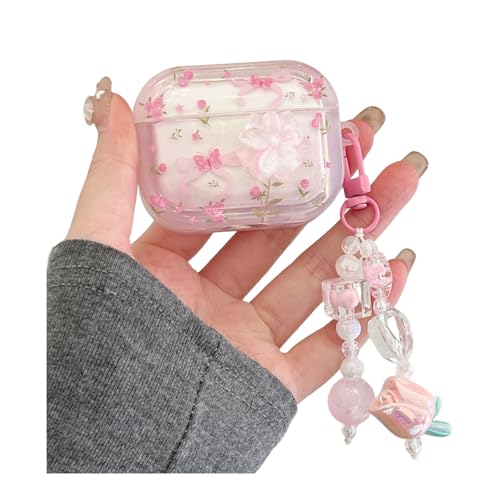 JLSDBMZ Schutzhülle für Airpods 4, niedliches Schleifen- und Schmetterlingsmuster, Blumendruck, Kopfhörer-Schutzhülle mit exquisitem Anhänger, für Damen und Mädchen, Rosa (Blumenanhänger) von JLSDBMZ