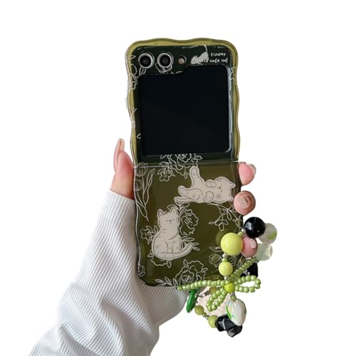 JLSDBMZ Schutzhülle für Samsung Galaxy Z Flip 5, niedlich, gelockter Wellenrahmen, violett, ausgefallenes Katzenmuster, exquisite lustige, klare Tierdrucke, weiche Schale (grün) von JLSDBMZ