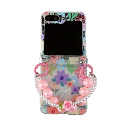 JLSDBMZ Schutzhülle für Samsung Galaxy Z Flip 5, niedlich, lustiges Blumenmuster, Kawaii, transparent mit exquisitem Perlenarmband für Handy, Schutzhülle (Rosa) von JLSDBMZ