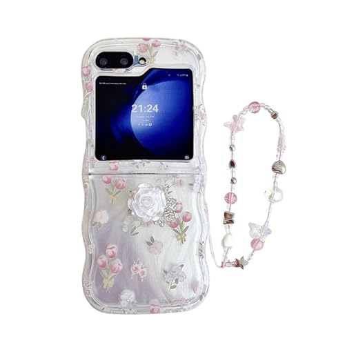 JLSDBMZ Schutzhülle für Samsung Galaxy Z Flip 5, niedliches rosa Blumenmuster, lustiges Cartoon, transparent, Kawaii mit Armband, Schutzhülle für Z Flip 5 (Rose) von JLSDBMZ