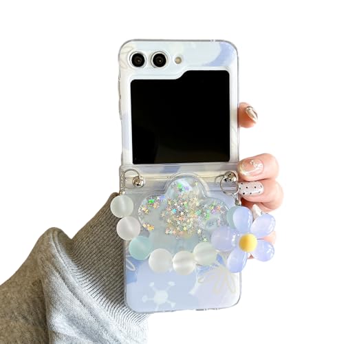 JLSDBMZ Schutzhülle für Samsung Galaxy Z Flip 6, transparent, niedliches 3D-Blumenmuster, exquisiter Druck mit Blumenhalterung, Perlenarmband (blaue Blume) von JLSDBMZ
