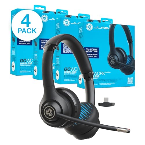 JLab Go Work 2nd Gen Headset mit Mikrofon Bluetooth & USB C Dongle, 55+ Std. Akku, Wireless Headset, On Ear PC Kopfhörer mit Mikrofon und Multipoint, kabellos oder mit Kabel, 4 Stück von JLab