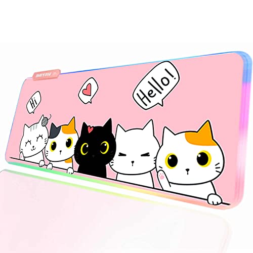 JMIYAV Cartoon Cat Kawaii RGB Gaming Mauspad Led Erweiterte Groß Cute Schreibtischunterlage Rutschfester Gummi XL Pink Gaming Mousepad Großes Mouse Pad Rosa Mouse Mat für Gamer 800x300 mm von JMIYAV