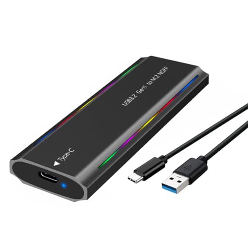 JMT M.2 M Key SSD Gehäuse USB 3.1 NGFF/NVME Protokoll USB-C Mobile Case Aluminiumlegierung mit RGB-Licht, kompatibel mit Windows/Mac/Android/Harmony OS (NGFF C zu A, Schwarz) von JMT