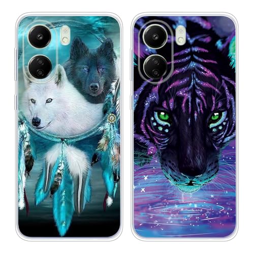 JMTALL 2X Hülle für Xiaomi Redmi 13C Silikon Handyhülle Case Traumfänger Wolf Tiger Motiv Ultra Dünn Weiche TPU Silikon Stoßfeste Schutzhülle für Xiaomi Redmi 13C von JMTALL