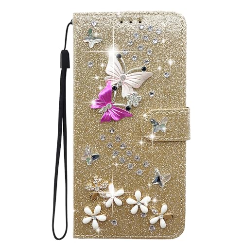 JMTALL Glitzer Hülle für iPhone 14 Pro Bling Klappbar PU Leder Flip Cover 3D Schmetterling Blume Design Glänzend Klapphülle mit Magnetisch Kartenfach Schutzhülle für iPhone 14 Pro - Gold JMTALL Glitzer Hülle für iPhone 14 Pro Bling Klappbar PU Leder Flip Cover 3D Schmetterling Blume Design Glänzend Klapphülle mit Magnetisch Kartenfach Schutzhülle für iPhone 14 Pro - Gold von JMTALL