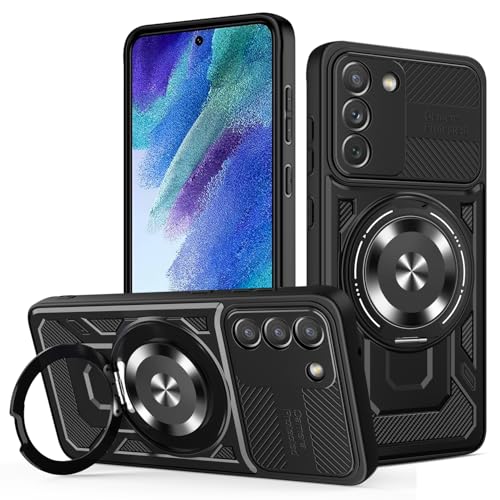 JMstore Hülle für Samsung Galaxy S21 FE, Kameraschutz 360°Metal Ring Ständer Schutzhülle, Silikon TPU Hart PC Handy Hüllen Schutzhülle Standard Stoßfest Cover - Schwarz von JMstore