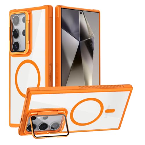 JMstore Hülle für Samsung Galaxy S21 FE, kompatibel mit MagSafe, mit Kameraschutz,[Verdeckter Ständer] Kratzfeste Rückseite stoßfeste Frosted Translucent Back Cover -Orange von JMstore