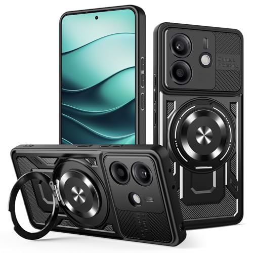 JMstore Hülle für Xiaomi Redmi Note 14 4G (EU Version 164), Kameraschutz 360°Metal Ring Ständer Schutzhülle, Silikon TPU Hart PC Handy Hüllen Schutzhülle Standard Stoßfest Cover - Schwarz von JMstore