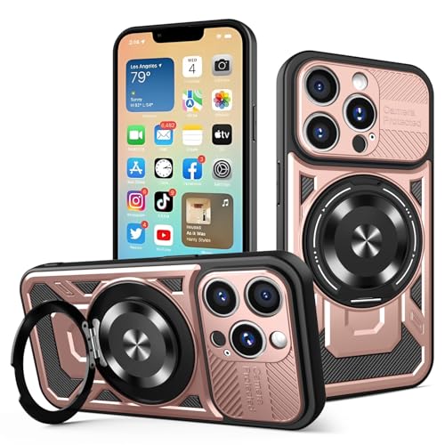 JMstore Hülle für iPhone 14 Pro, Kameraschutz 360°Metal Ring Ständer Schutzhülle, Silikon TPU Hart PC Handy Hüllen Schutzhülle Standard Stoßfest Cover - Rose Gold von JMstore