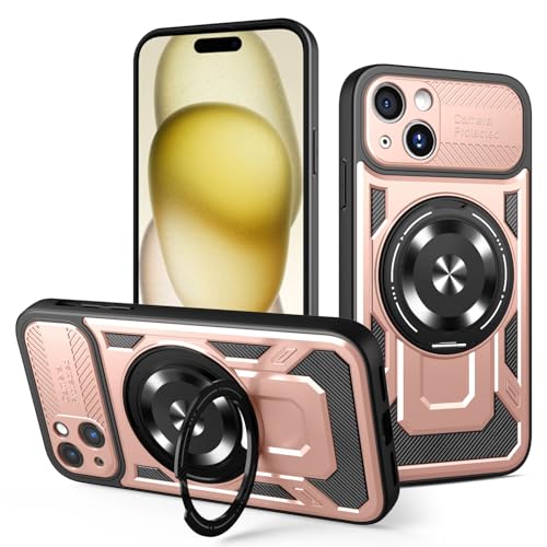 JMstore Hülle für iPhone 15 Plus, Kameraschutz 360°Metal Ring Ständer Schutzhülle, Silikon TPU Hart PC Handy Hüllen Schutzhülle Standard Stoßfest Cover - Rose Gold von JMstore