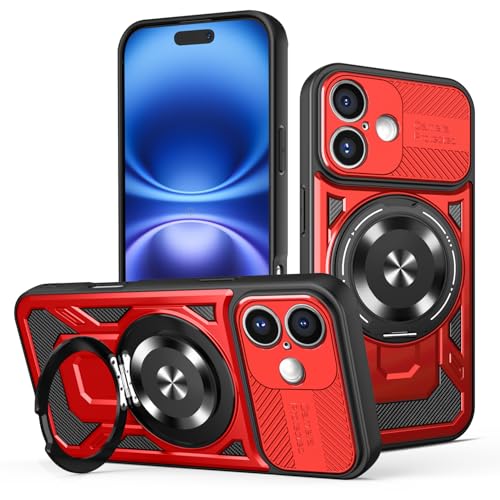 JMstore Hülle für iPhone 16 Plus, Kameraschutz 360°Metal Ring Ständer Schutzhülle, Silikon TPU Hart PC Handy Hüllen Schutzhülle Standard Stoßfest Cover - Rot von JMstore