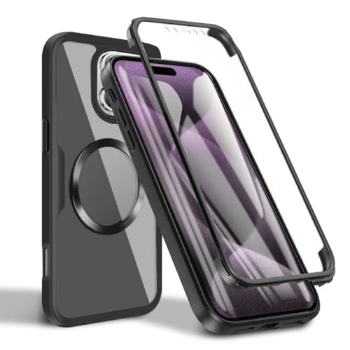 JMstore Hülle für iPhone 16 Plus mit Integriertem Displayschutz [kompatibel mit MagSafe] 360 Grad Ganzkörper Stoßfeste Fallschutz Handyhülle Transparent Case-Schwarz von JMstore
