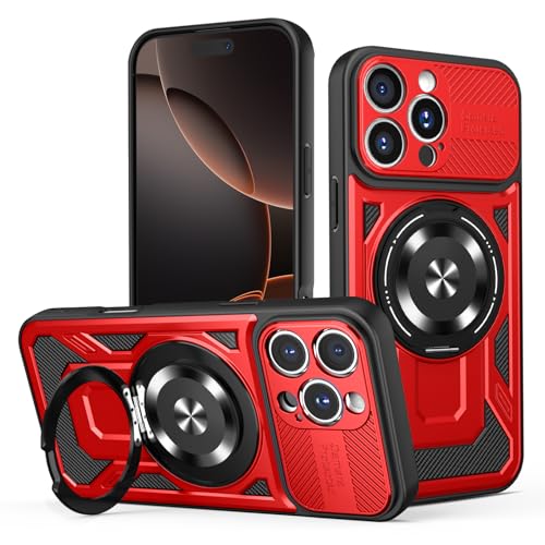 JMstore Hülle für iPhone 16 Pro, Kameraschutz 360°Metal Ring Ständer Schutzhülle, Silikon TPU Hart PC Handy Hüllen Schutzhülle Standard Stoßfest Cover - Rot von JMstore