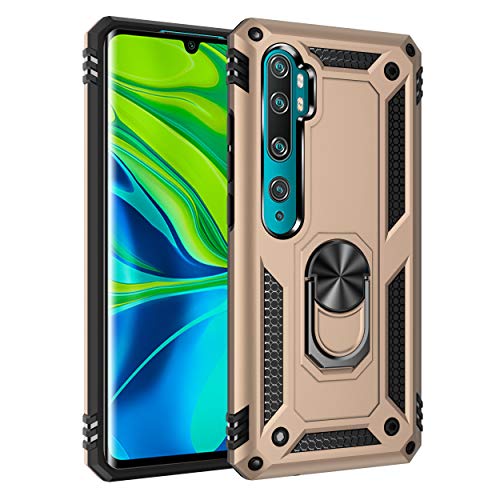 JMstore Hülle kompatibel mit XiaoMi Mi CC9 Pro/Mi Note 10,Drehbar Magnetische Ringhalter,Hybrid Drop Resistance+Panzerglas Schutzfolie(Gold) von JMstore