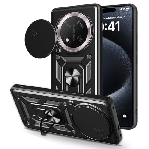 JNERBUYI Hülle für Honor Magic7 Lite/Magic 7 Lite/Honor X9C Schutzhülle mit 360°Ring und Objektiv Cover, Stoßfeste Handyhülle mit Magnet Ständer, Bumper Robuste Hülle. Schwarz von JNERBUYI