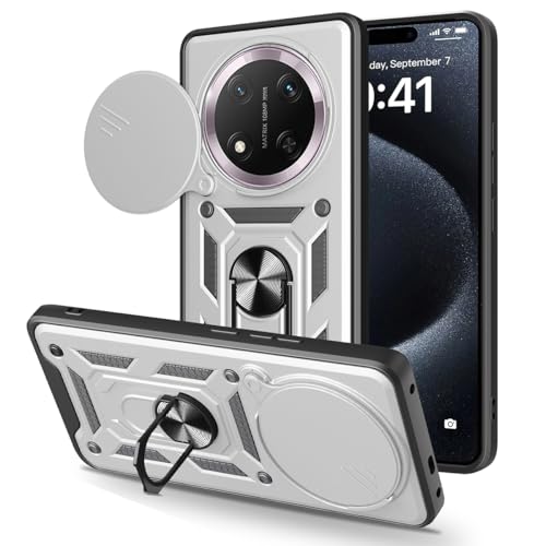 JNERBUYI Hülle für Honor Magic7 Lite/Magic 7 Lite/Honor X9C Schutzhülle mit 360°Ring und Objektiv Cover, Stoßfeste Handyhülle mit Magnet Ständer, Bumper Robuste Hülle. Silber von JNERBUYI