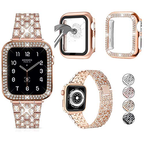 3er-Pack kompatibel mit Apple Watch Armband + Hülle, 38 mm, 40 mm, 41 mm, 42 mm, 44 mm, 45 mm, Ultra 49 mm, glitzerndes Diamant-Metallarmband mit Diamant-Gehäuse und Glas-Displayschutzfolie für iWatch von JOHIPI