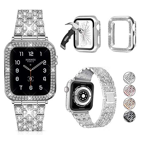 3er-Pack kompatibel mit Apple Watch Armband + Hülle, 38 mm, 40 mm, 41 mm, 42 mm, 44 mm, 45 mm, Ultra 49 mm, glitzerndes Diamant-Metallarmband mit Diamant-Gehäuse und Glas-Displayschutzfolie für iWatch von JOHIPI