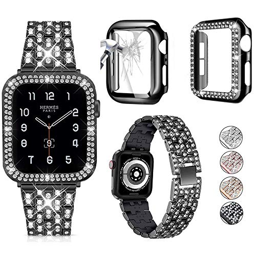 3er-Pack kompatibel mit Apple Watch Armband + Hülle, 38 mm, 40 mm, 41 mm, 42 mm, 44 mm, 45 mm, Ultra 49 mm, glitzerndes Diamant-Metallarmband mit Diamant-Gehäuse und Glas-Displayschutzfolie für iWatch von JOHIPI