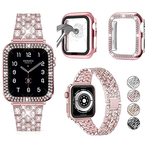 3er-Pack kompatibel mit Apple Watch Armband und Hülle, 38 mm, 40 mm, 41 mm, 42 mm, 44 mm, 45 mm, Ultra 49 mm, glitzerndes Diamant-Metallarmband mit Diamant-Hülle und Glas-Displayschutzfolie für iWatch von JOHIPI