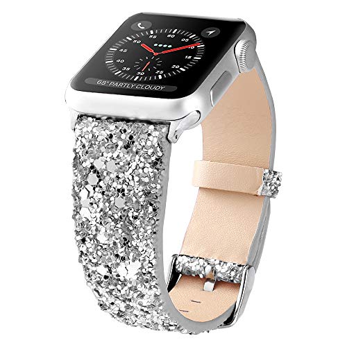 Für Apple Watch Band 38 mm 42 mm, Leder iWatch Gurt Extreme Deluxe glänzend Bling Glitzer Leder Armband für Apple Watch Series 1, Serie 2, Serie 3 Sport Edition, 42 mm, Silber von JOHIPI