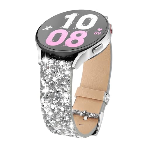 Meyicoo Glitzerarmband kompatibel mit Samsung Galaxy Watch 42 mm/Gear S2 Classic & Gear Sport, 20 mm Lederarmband für Galaxy Active 2 40 mm Smart Watch, Silber von JOHIPI