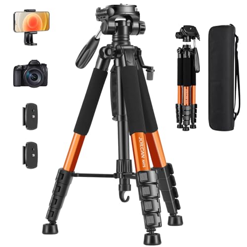 JOILCAN Kamera Stativ, 187cm Aluminium Leichte Dreibeinstativ für Canon Nikon DSLR mit Abnehmbar 3-Wege-Kopf, Tragbares Smartphone Stativ Fotostativ Tragfähigkeit 5KG mit Telefonhalter (Orange) von JOILCAN