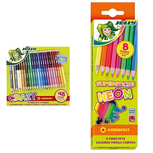 JOLLY Superstick Crazy Farbstifte 24 Stifte mit 48 Farben & Superstick Neon Buntstifte Farbstifte | Kinderfest und Bruchsicher | Ungiftig | extra dicke Mine | 8 Stifte im Kartonetui von JOLLY