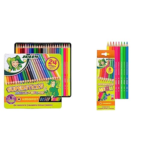 JOLLY Supersticks Classic Farbstifte | Metallic-Mix & Superstick Neon Buntstifte Farbstifte | Kinderfest und Bruchsicher | Ungiftig | extra dicke Mine | 8 Stifte im Kartonetui von JOLLY
