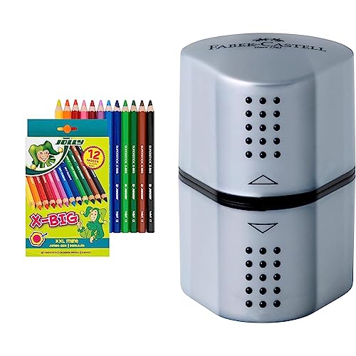 JOLLY X-BIG Buntstifte | 12 Extradicke Farbstifte | Extrem Bruchsicher und Langlebig | Ungiftig | 12 Stück im Kartonetui & Faber-Castell 183800 - Dosenspitzer Grip von JOLLY