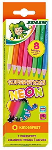 Jolly Superstick Neon Buntstifte Farbstifte | Kinderfest und Bruchsicher | Ungiftig | extra dicke Mine | 8 Stifte im Kartonetui von JOLLY