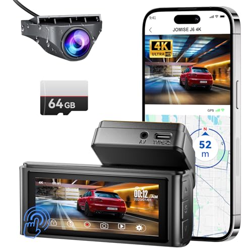 JOMISE J6 Dashcam Auto Vorne Hinten, 4K+1080P Dual Dash Cam mit 3,16-Zoll-Touchscreen, Eingebautes WiFi-GPS, Super Nachtsicht, WDR, G-Sensor, Loop-Aufnahme, 24Std. Parkmodus, Kostenlose 64-GB-Karte von JOMISE