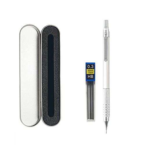 JOMPENS 0,3 0,5 0,7 2,0 mm automatischer Bleistift Niedriger Schwerpunkt versenkbarer Metalldruckbleistift Kann zum Skizzieren von Schülern verwendet werden (0,3 Silber Stift Silber Geschenkbox) von JOMPENS