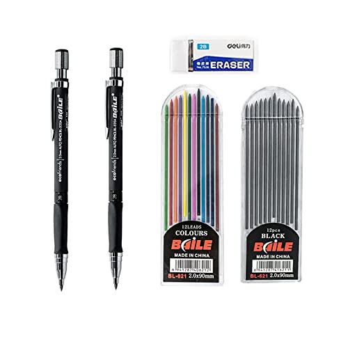 JOMPENS Büro Druckbleistifte 2,0 mm 2B Minenhalter Zeichnung Bleistift Set 12 Stück Minen Schreiben Schule Geschenke Schreibwaren (2 Stück Schwarz) von JOMPENS