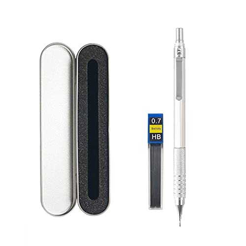 JOMPENS Druckbleistift 0,3, 0,5, 0,7, 2,0 mm, niedriger Schwerpunkt, einziehbarer Metalldruckbleistift Kann zum Skizzieren von Schülern verwendet werden (0,7 mm silberner Stift, silberner Geschenkbox) von JOMPENS