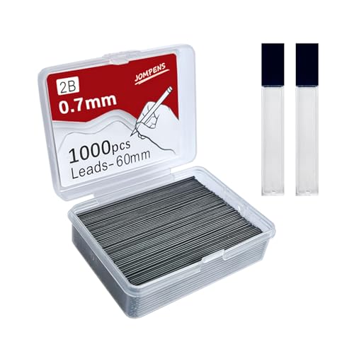 JOMPENS Druckbleistiftminen-Set 0,5, 0,7, 0,9 mm, 2B, 60 mm, Kunstzeichnung, automatischer Bleistift, austauschbare Nachfüllminen mit 2 Röhren, Schreibwaren (0,7 mm), 1000 Stück, 0.7mm, BX192 von JOMPENS