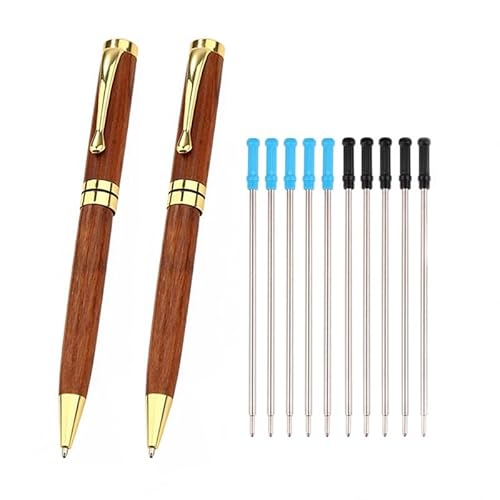 JOMPENS YZB255 Retro-Kugelschreiber, Sandelholz, 0,7 mm, goldfarben, silberfarben, Metallclip, austauschbare Ersatzminen, Holzstift, Luxus-Schreibwaren, Geschenke (Gold), 12 Stück von JOMPENS