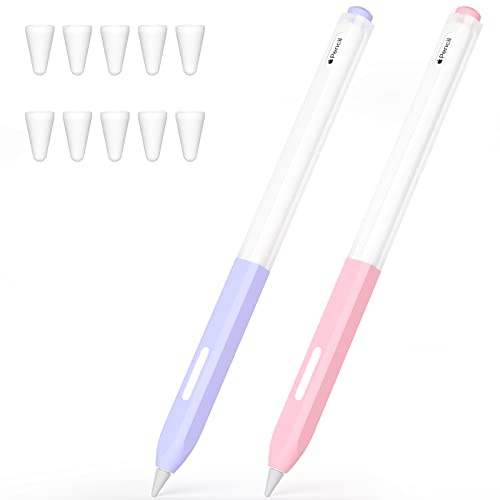 JOOSKO Federmäppchen Kompatibel mit Apple Pencil Pro & 2nd Gen, Schlanke weiche Silikonhülle, 2er Pack mit 10 Silikonspitzenabdeckungen (Lila, Rosa) von JOOSKO