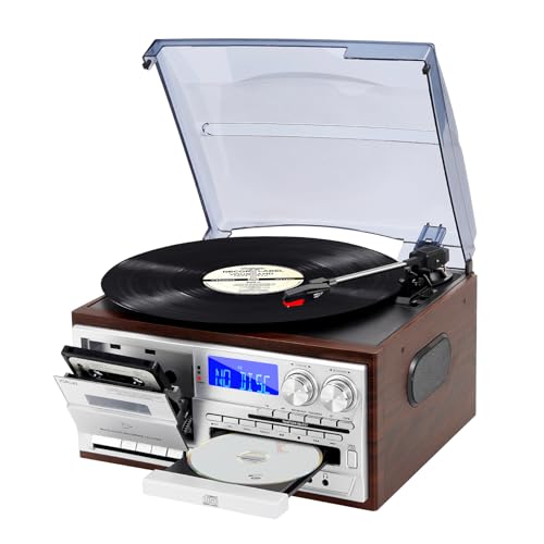 JORLAI 9-in-1 Plattenspieler Vintage Record Player mit Bluetooth, CD, Kassette, AM/FM-Radio, USB/SD-Kodierung, Aux Eingang, RCA Line Out Silber JORLAI 9-in-1 Plattenspieler Vintage Record Player mit Bluetooth, CD, Kassette, AM/FM-Radio, USB/SD-Kodierung, Aux Eingang, RCA Line Out Silber von JORLAI
