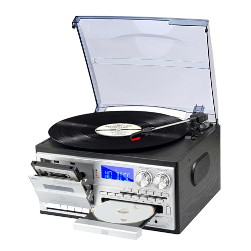 JORLAI Vintage Record Player 3 Geschwindigkeiten Plattenspieler mit Fernbedienung, Vinyl Bluetooth mit eingebauten Lautsprechern CD/Kassette AM/FM Radio USB/SD/MMC 3.5mm Aux-in/RCA-Out, Schwarz von JORLAI