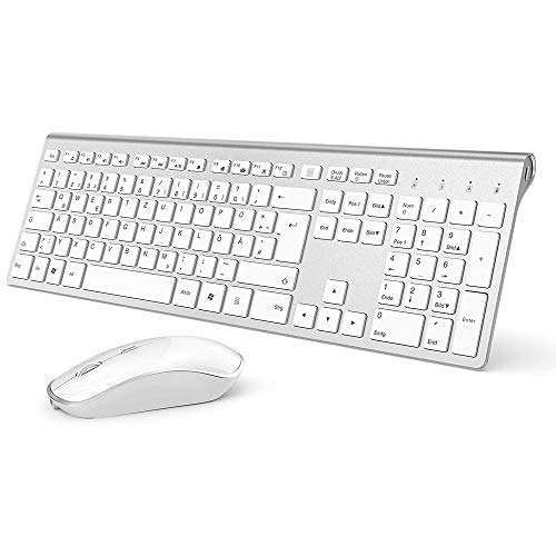J JOYACCESS Tastatur Maus Set Kabellos, Funktastatur mit Maus, 500mAh Wiederaufladbar Akku, 2.4G Ultraslim Funktastatur mit Ziffernblock(Deutsch QWERTZ Layout) für PC/Laptop/Smart TV - Silber und Weiß von JOYACCESS