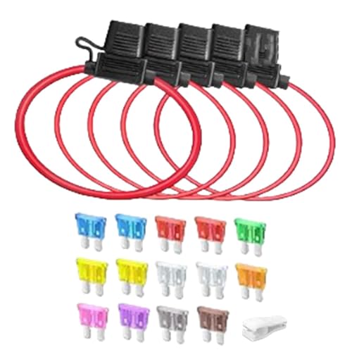 5 Stück 12(1)+16AWG(4) Sicherungshalter mit Draht für KFZ LKW, Inline Flachsicherung Wasserdicht Halter 12V, mit 14 Teiligen Standard Mittel Flachsicherungen(2A 3A 5A 7.5A 10A 15A 20A 25A 30A 35A) von JOYIAL