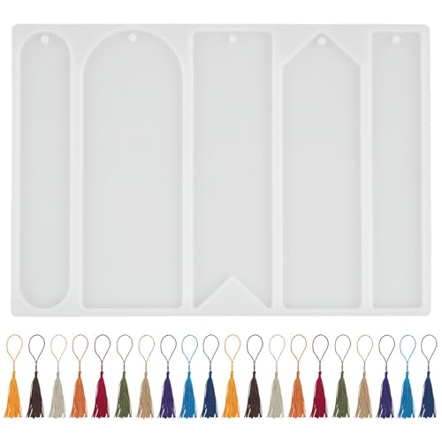 Epoxidharz Lesezeichen Form, 5 Stück Lesezeichen-Formen mit 20 Quasten, lesezeichen silikonform, Bookmark Resin Mold Silikon-Lesezeichenform,DIY Lesezeichen silikonform harz von JOYIAL