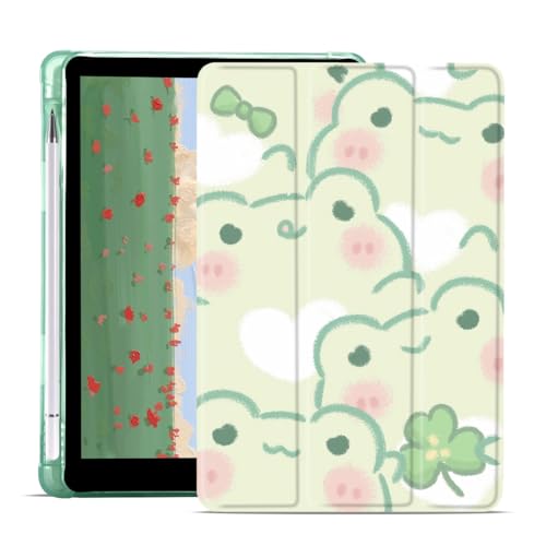 JOYLAND Cute Frog Pad Case for 12.9 Inch iPad Pro 2022/2021/2020/2018, Green TPU Smart Stand Back Cover with Pencil Holder, Auto Wake/Sleep Foldable Shockproof Protective iPad Case von JOYLAND