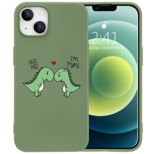 JOYLAND Dinosaurier-Paar-Handyhülle für iPhone 14, grüne Flüssigsilikon-Handyhülle, luxuriöse mädchenhafte Hülle, lustige weiche Gel-Gummi, Rundumschutz, Mikrofaser-Futter, stoßfeste Abdeckung von JOYLAND