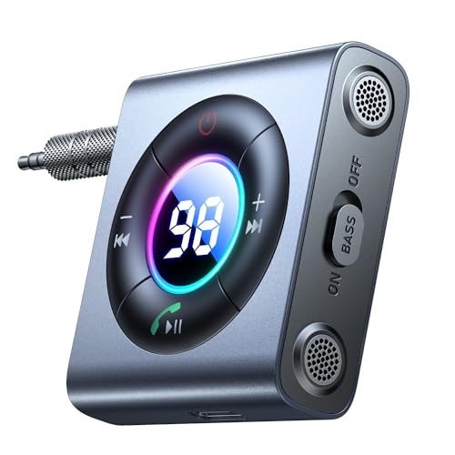 JOYROOM 2025 Bluetooth Adapter Auto【Bass & Hi-Fi Stereo】 Aux Bluetooth Adapte für Musik, Bluetooth Empfänger Duale Mikrofon Freisprechanruf für Auto, Kopfhörer und Lautsprecher, 26 Stunden Spielzeit von JOYROOM