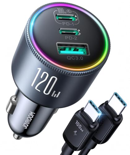 JOYROOM 120W 3-Port Zigarettenanzünder USB C mit 100W C-C Kabel, [3 Chips] Auto Ladegerät Adapter, PD100W & QC3.0 Schnell Kfz Ladegerät für iPhone16/15/Samsung S25/24/Smartphone/iPad/MacBook/Laptop von JOYROOM