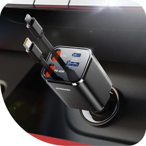 【4-IN-1】 2025 JOYROOM 84W Einziehbares Zigarettenanzünder USB C,【Ultra-Compact】 PD 45W Schnelles Laden Auto Ladegerät USB C, 12V/24V Adapter Auto, KFZ Zubehör Innenraum für iPhone 16 (Schwarz) von JOYROOM