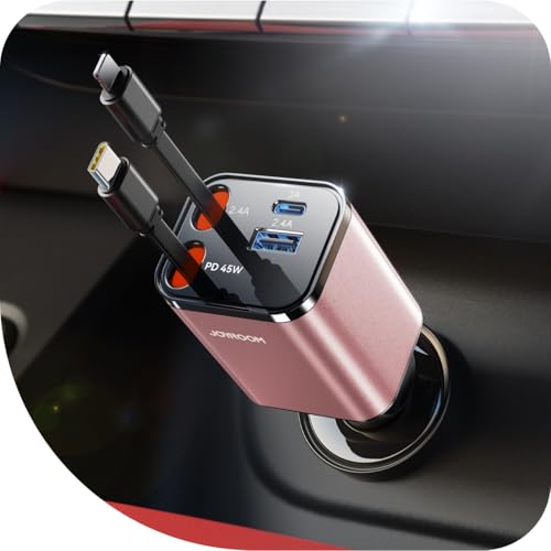 【4-IN-1】 2025 JOYROOM 84W Einziehbares Zigarettenanzünder USB C,【Ultra-Compact】 PD 45W Schnelles Laden Auto Ladegerät USB C, 12V/24V USB Adapter Auto Zubehör Innenraum für iPhone 16/Sumsang S25-Rosa von JOYROOM